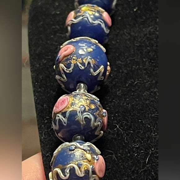 Vintage VENETIAN Italy Wedding Cake Art Murano Glass Cobalt Blue Bead Necklace - Picture 13 of 17